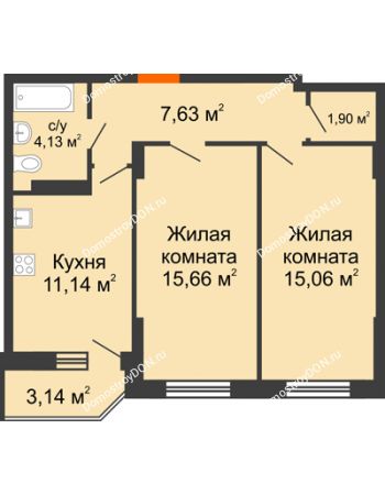 2 комнатная квартира 56,46 м² в ЖК Свобода, дом №2