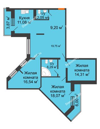 3 комнатная квартира 109,84 м² в ЖК Каскад, дом № 7-8