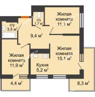 2 комнатная квартира 58 м² в ЖК Отражение, дом Литер 1.2 - планировка