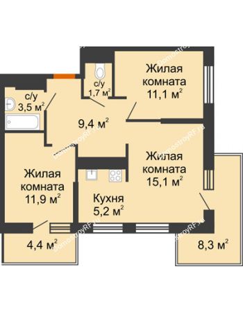 2 комнатная квартира 58 м² в ЖК Отражение, дом Литер 1.2