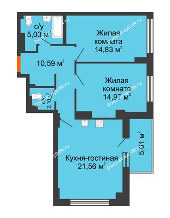 3 комнатная квартира 71,71 м² в ЖК Аврора, дом № 3