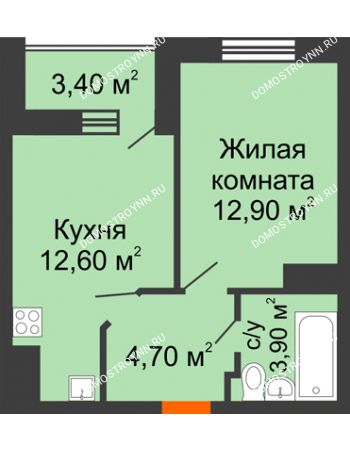 1 комнатная квартира 35,8 м² в ЖК Цветы, дом № 22-3