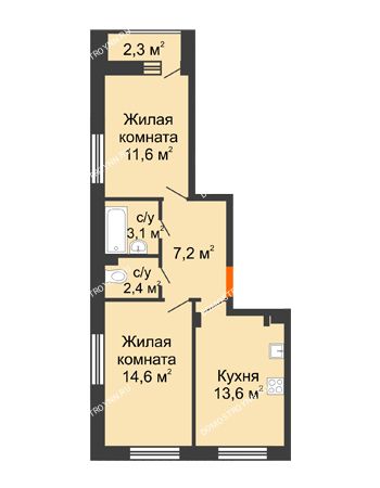 2 комнатная квартира 53,65 м² в ЖК Октава, дом № 7