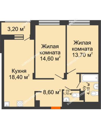 2 комнатная квартира 62,7 м² в ЖК Заречье, дом № 6