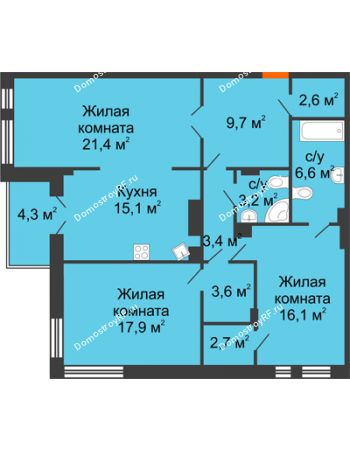 3 комнатная квартира 104,6 м² в КД Лобачевский, дом № 1
