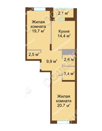 2 комнатная квартира 75,5 м² в ЖК Монолит, дом № 89, корп. 1, 2