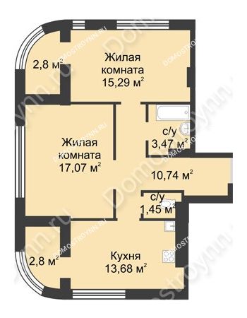 2 комнатная квартира 64,52 м² в ЖК Караваиха, дом № 5