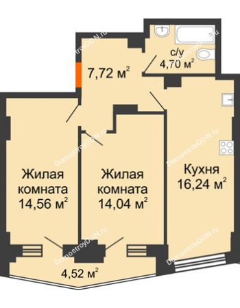 2 комнатная квартира 58,86 м² в ЖК Рубин, дом Литер 3