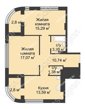 2 комнатная квартира 64,26 м² в ЖК Караваиха, дом № 5