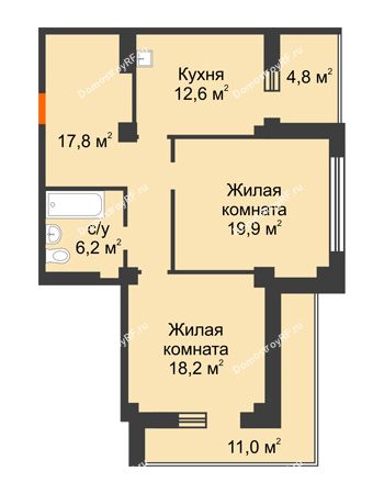 2 комнатная квартира 80,4 м² в ЖК Перья, дом № 1, 4 этап