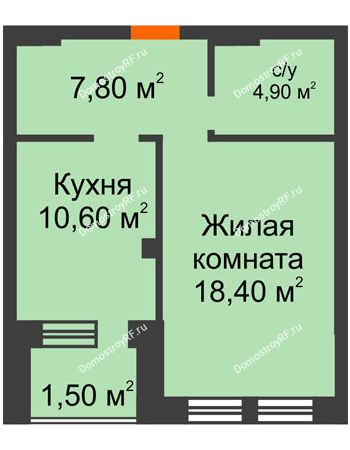 1 комнатная квартира 44,7 м² - ЖК Рассвет Премиум