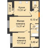 2 комнатная квартира 55,33 м² в ЖК Облака, дом Литер 2 - планировка