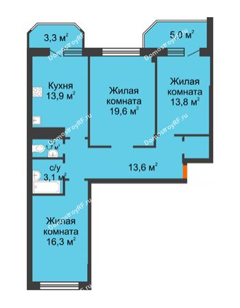 3 комнатная квартира 91,9 м² в ЖК Острова, дом 4 этап (второе пятно застройки)