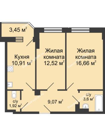 2 комнатная квартира 56,42 м² в ЖК Сердце Ростова, дом Этап II