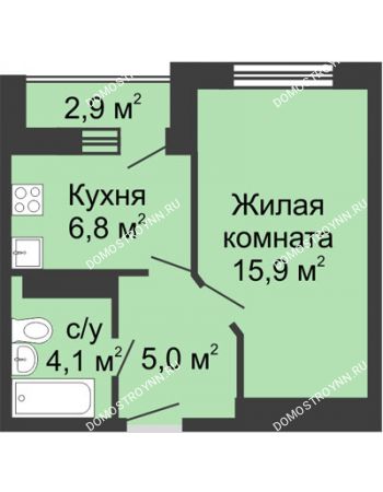 1 комнатная квартира 31,8 м² в ЖК ЮГ, дом № 20