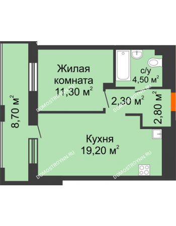 1 комнатная квартира 44,45 м² в ЖК Корица, дом № 1