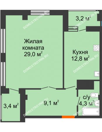 1 комнатная квартира 58,5 м² в ЖК Квартет, дом № 3