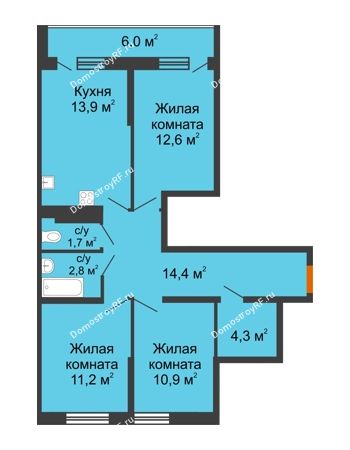 3 комнатная квартира 74,8 м² в ЖК Самолет, дом 4 очередь - Литер 22