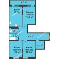3 комнатная квартира 74,8 м² в ЖК Самолет, дом 4 очередь - Литер 22 - планировка