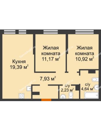 3 комнатная квартира 56,28 м² в ЖК Сердце Сибири, дом № 76, квартал Геологов (ГП-2)