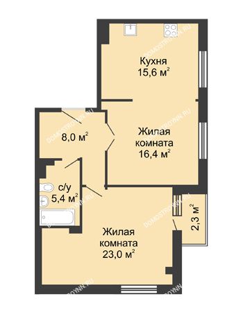 2 комнатная квартира 69,55 м² в ЖК Сердце Нижнего, дом № 35