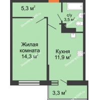 1 комнатная квартира 36 м² в ЖК SkyPark (Скайпарк), дом Литер 1, корпус 2, 1 этап - планировка