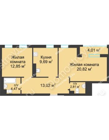 2 комнатная квартира 65,66 м² в ЖК Воскресенская слобода, дом №1